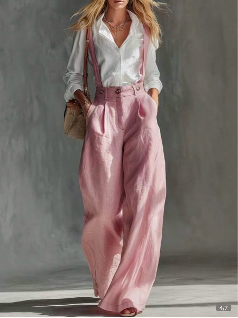 Wide-Leg Suspender Pants in Light Pink